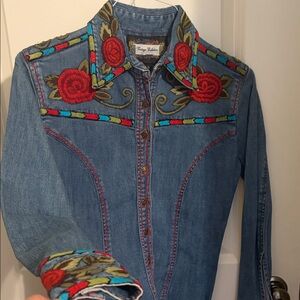 Embroidered Denim Button Down with Floral Design